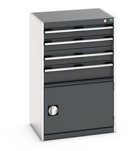 Bott Cubio drawer cabinet with overall dimensions of 650mm wide x 525mm deep x 1000mm high Cabinet consists of 2 x 100mm, 1 x 125mm, 1 x 150mm high drawers and 1 x 400mm high door 100% extension drawer with internal dimensions of 525mm wide x... Bott Drawer Cabinets 525 Depth with 650mm wide full extension drawers